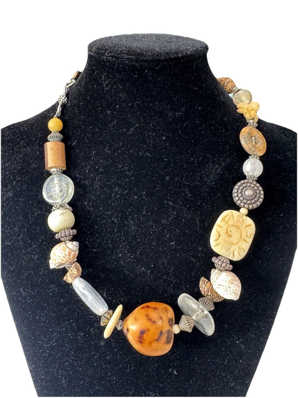 Treska Beaded Necklace Artisan Mixed Media Orange Silver Shell Faux Bone 16”-19”
